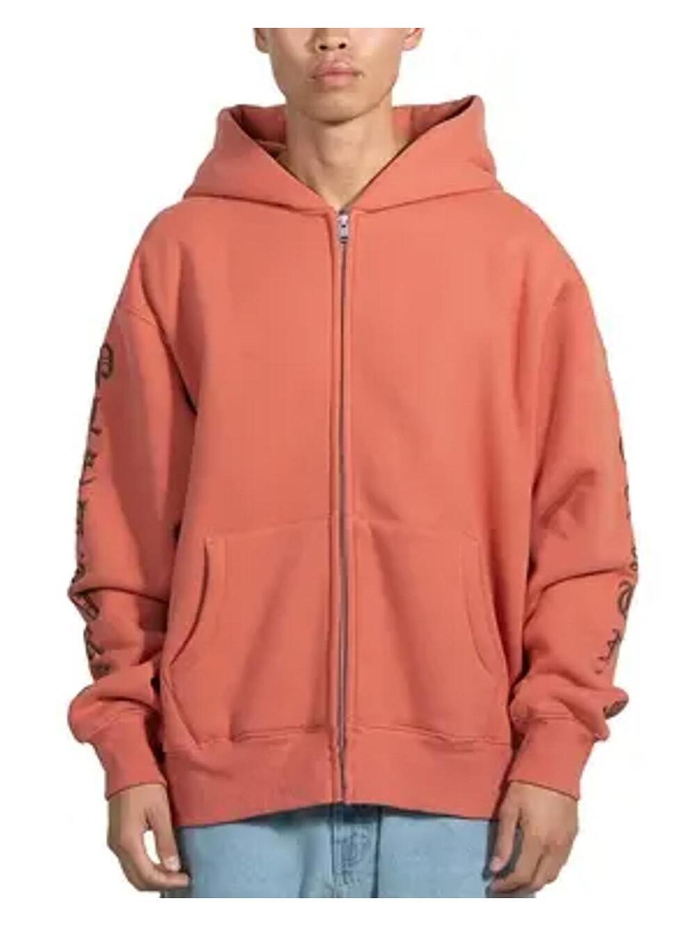 PLEASURES  embroidered logo sleeve zip up hoodie - L - Rust